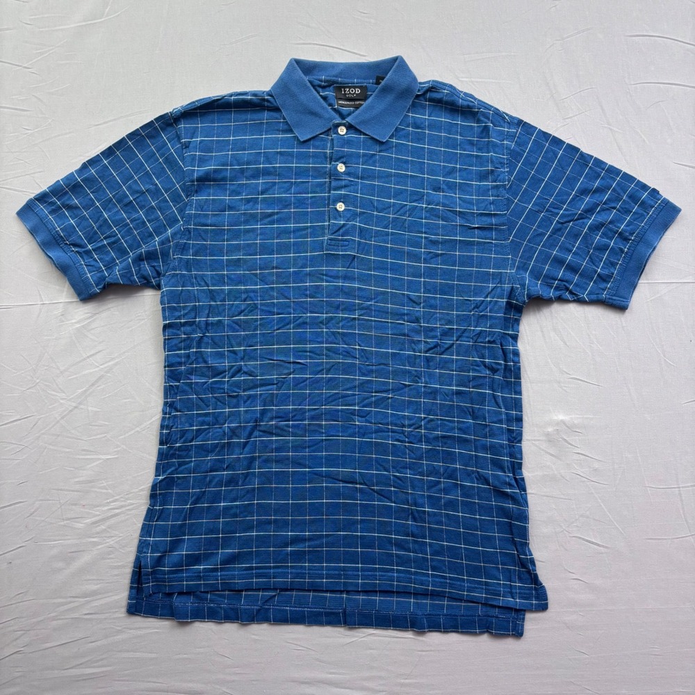 IZOD Golf Mens Blue Windowpane Check Mercerized Cotton Polo Shirt Small